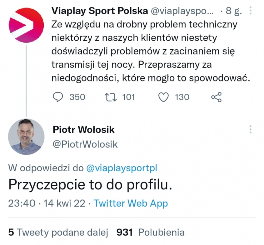 ODPOWIEDŹ Piotra Wołosika pod TWEETEM Viaplay XD